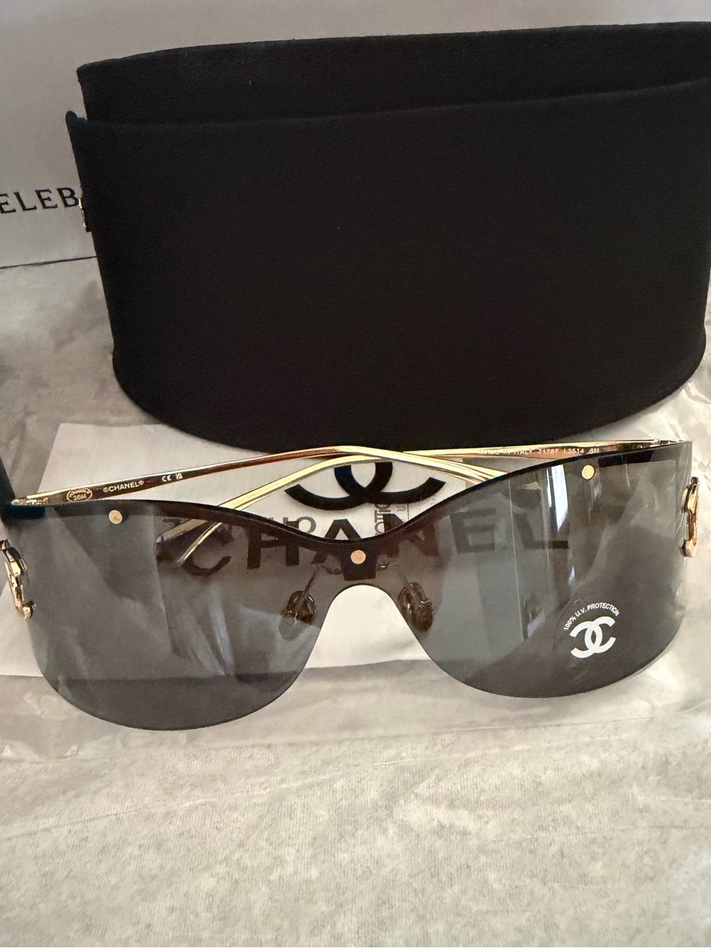 $950 Authentic CHANEL Gray Shield Sunglasses with Gold - Picture 7 of 12